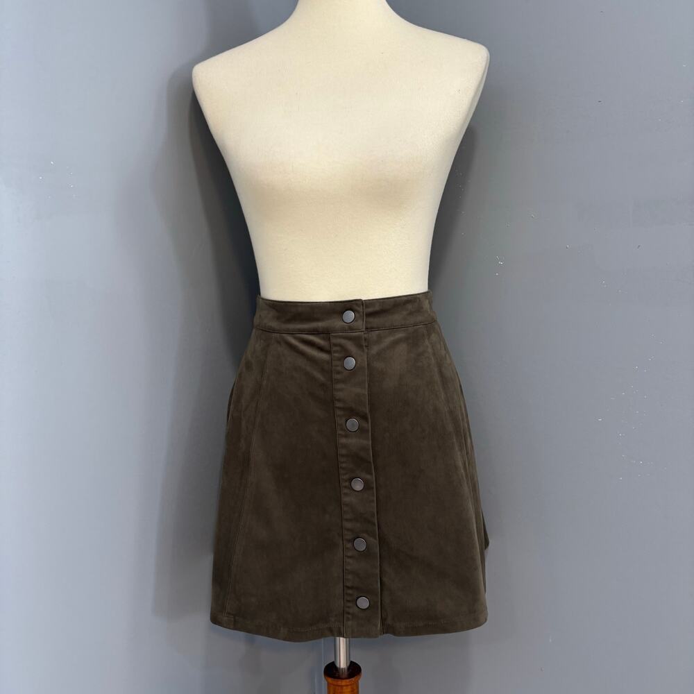 Forever 21 Army Green Faux Suede Button Front High Waisted A-Line Skirt, Size S